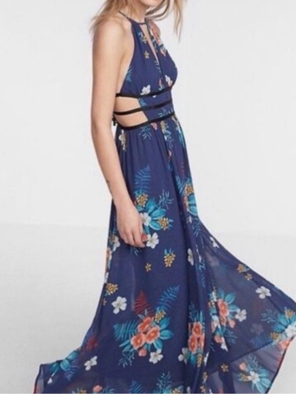 Express Navy Halter Maxi Dress with Teal Floral Detail